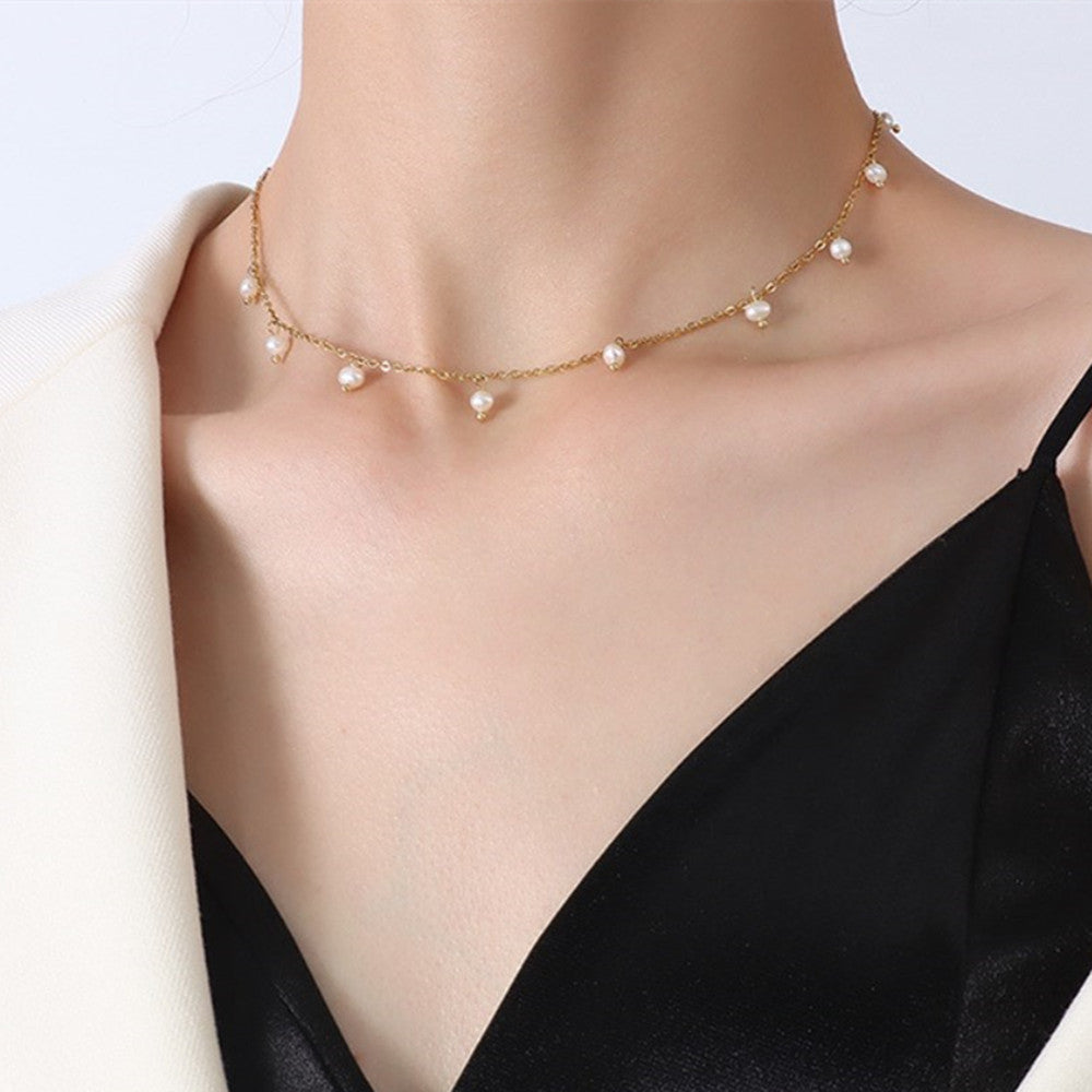 16" Natural Freshwater Pearl Necklace Titanium Steel Necklace Boho Jewelry AL940