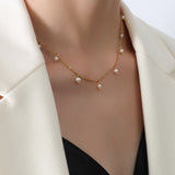 16" Boho Titanium Steel Natural Fresh Water Pearl Rosary Necklace, 18k Gold Pearl Jewelry Necklace AL940