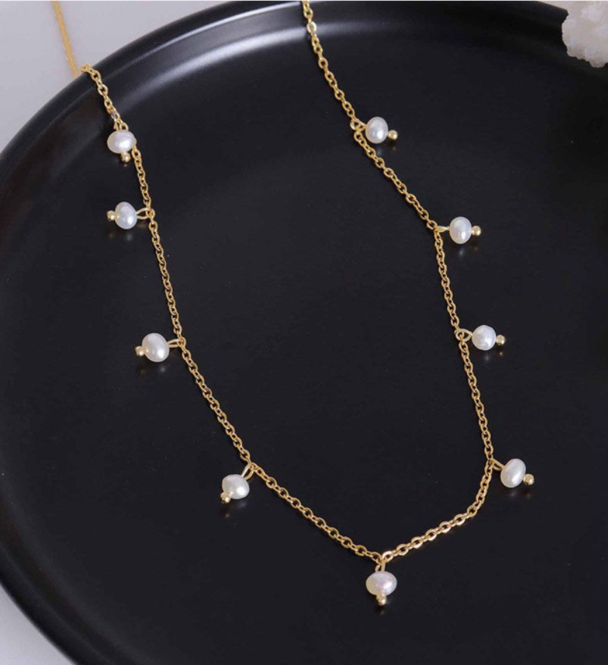 16" Natural Freshwater Pearl Necklace Titanium Steel Necklace Boho Jewelry AL940