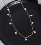 16" Boho Titanium Steel Natural Fresh Water Pearl Rosary Necklace, 18k Gold Pearl Jewelry Necklace AL940