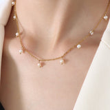 16" Boho Titanium Steel Natural Fresh Water Pearl Rosary Necklace, 18k Gold Pearl Jewelry Necklace AL940