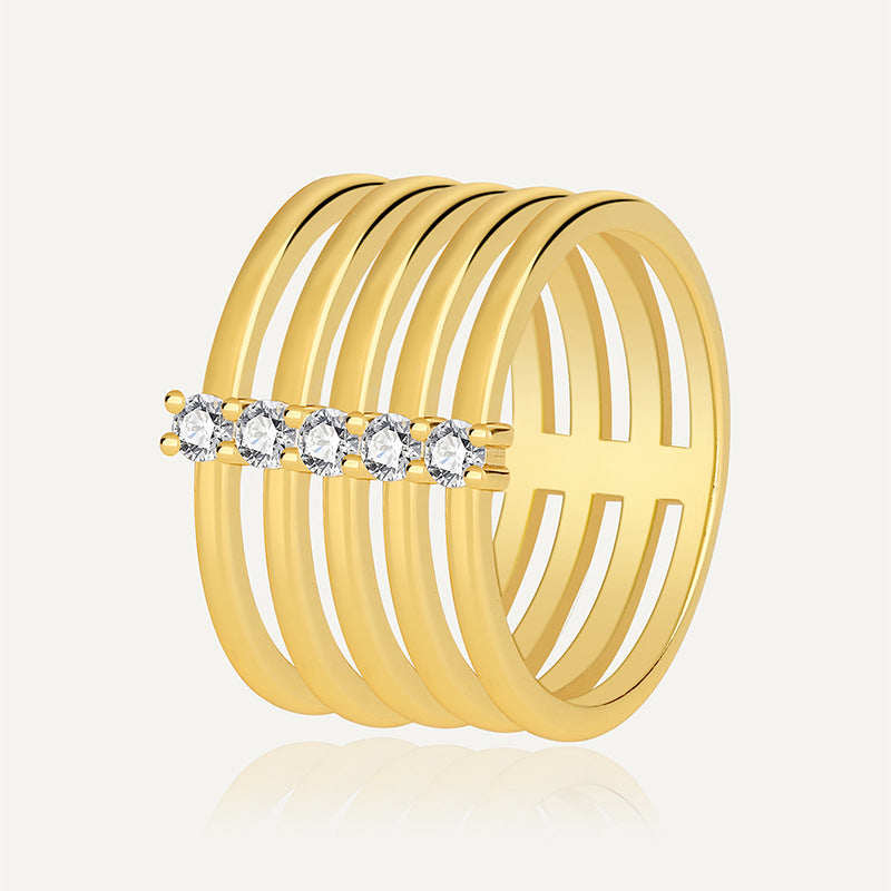 Multi-Layer Hollow Gold Band Ring Zircon Ring AL942