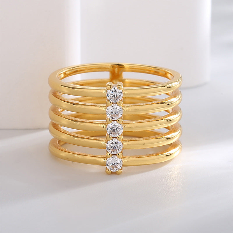 Multi-Layer Hollow Gold Band Ring Zircon Ring AL942