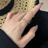 18k Gold Plated Claw Zircon Chain & Thin Band Ring, Titanium Steel Fashion Jewelry Ring For Women AL943