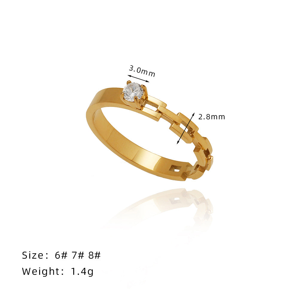 18k Gold Plated Claw Zircon Chain & Thin Band Ring, Titanium Steel Fashion Jewelry Ring For Women AL943