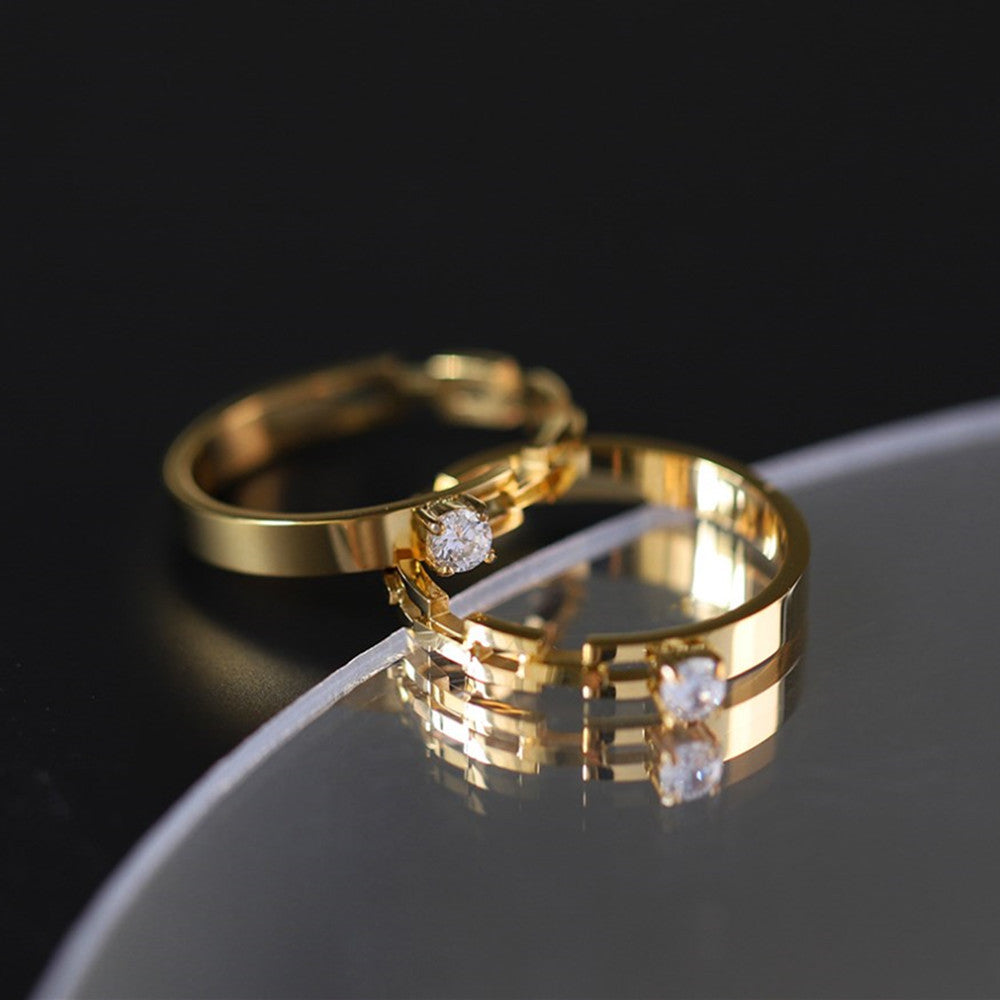 18k Gold Plated Claw Zircon Chain & Thin Band Ring, Titanium Steel Fashion Jewelry Ring For Women AL943
