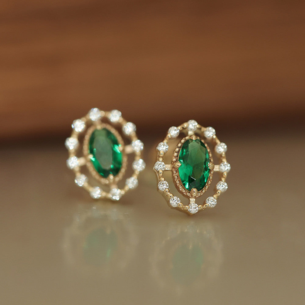 Dainty Oval Green Zircon Stud Earrings 925 Silver CZ Flower Studs, 14k Gold Plated Jewelry AL946