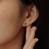 Dainty Oval Olivine Green Zircon Stud Earrings 925 Silver CZ Flower Studs, 14k Gold Plated Jewelry AL946