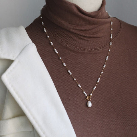 22" Baroque Freshwater Pearl Necklace, OT Clasp, Pearl Beads Rosary Chain Necklace, Titanium Steel Jewelry AL948