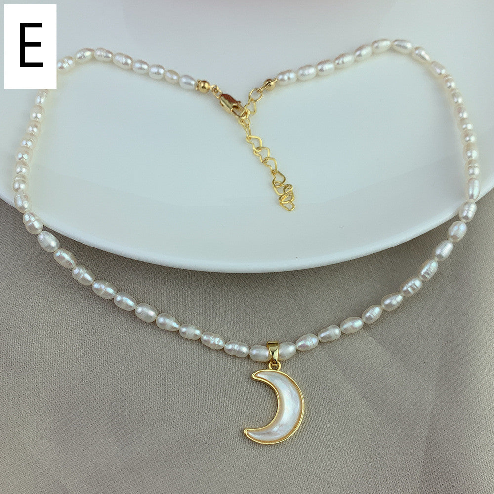 16" Natural Freshwater Pearl Necklace, Saint Maria Guadalupe Pendant Necklace, Crescent Moon Necklace AL950