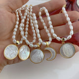 16" White Shell Virgin Mary Pendant & Natural Freshwater Pearl Beads Necklace, Crescent Moon Necklace AL950