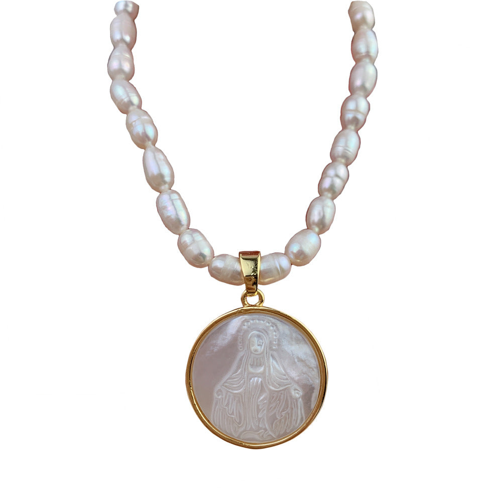 16" Natural Freshwater Pearl Necklace, Saint Maria Guadalupe Pendant Necklace, Crescent Moon Necklace AL950
