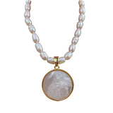 16" White Shell Virgin Mary Pendant & Natural Freshwater Pearl Beads Necklace, Crescent Moon Necklace AL950