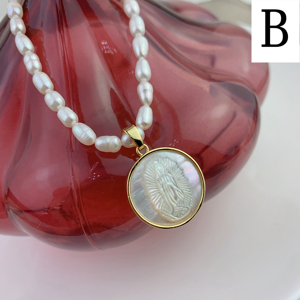 16" Natural Freshwater Pearl Necklace, Saint Maria Guadalupe Pendant Necklace, Crescent Moon Necklace AL950