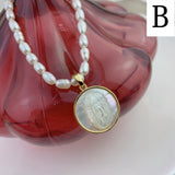 16" White Shell Virgin Mary Pendant & Natural Freshwater Pearl Beads Necklace, Crescent Moon Necklace AL950