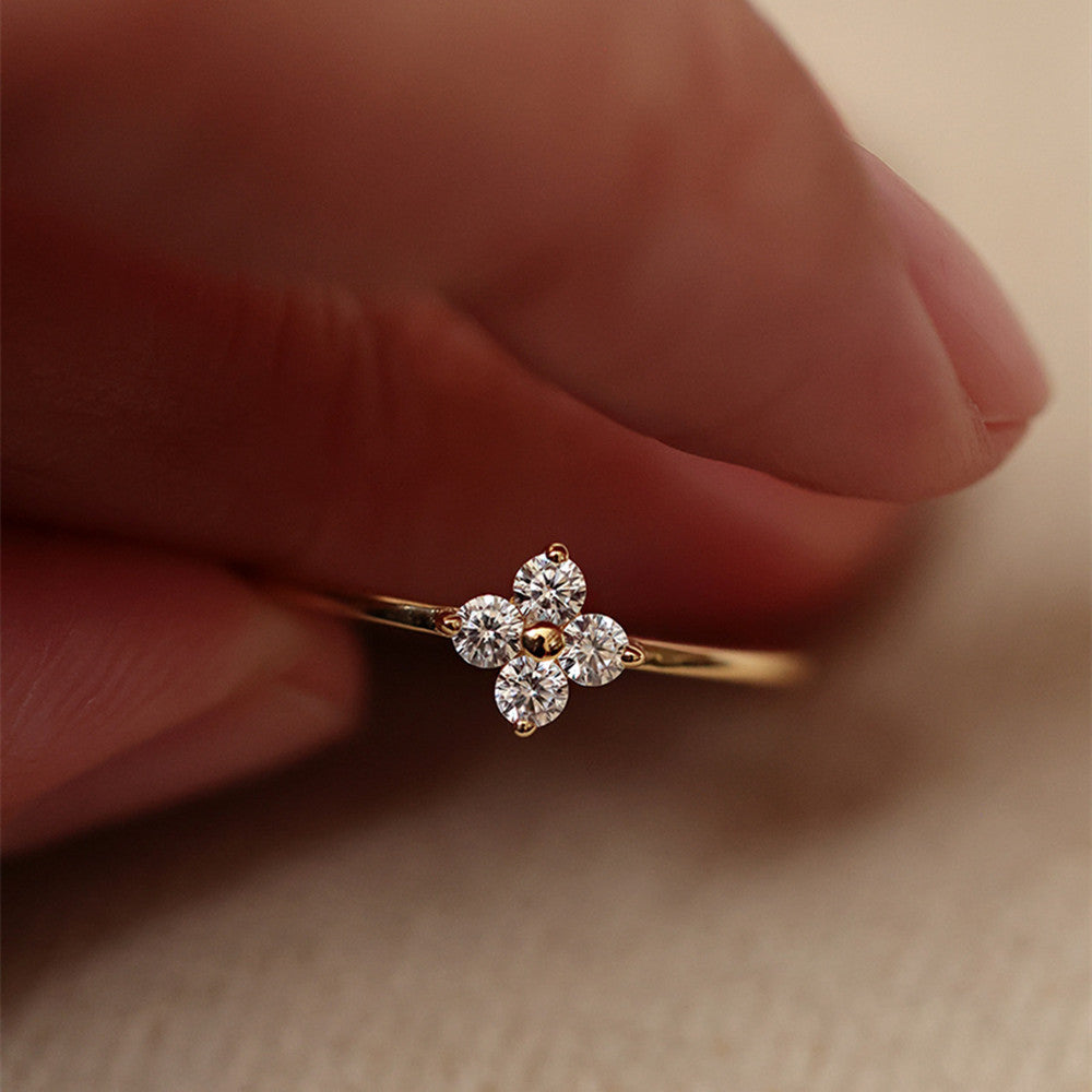 S925 Sterling Silver Four Leaf Clover Ring Zircon Ring, 18k Gold Plated Thin Ring, Lucky Lady Fashion Jewelry AL951
