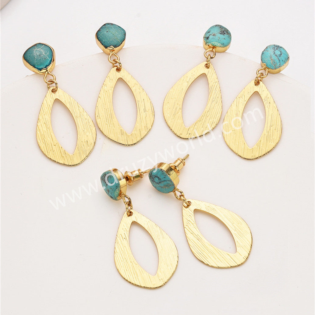 Irregular Natural Turquoise Gold Drop Slice Dangle Earrings, Boho Gemstone Jewelry Earrngs AL954