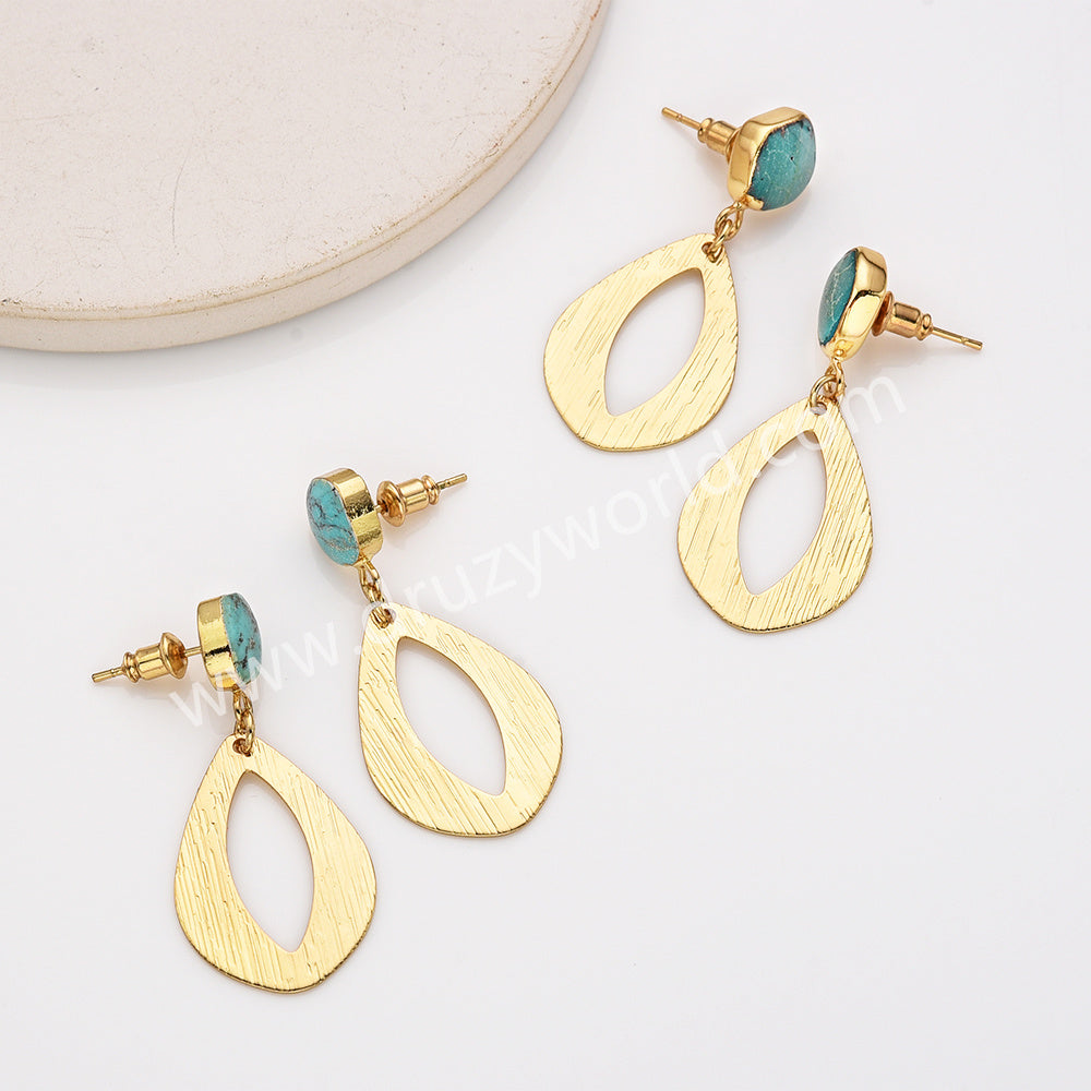 Irregular Natural Turquoise Gold Drop Slice Dangle Earrings, Boho Gemstone Jewelry Earrngs AL954