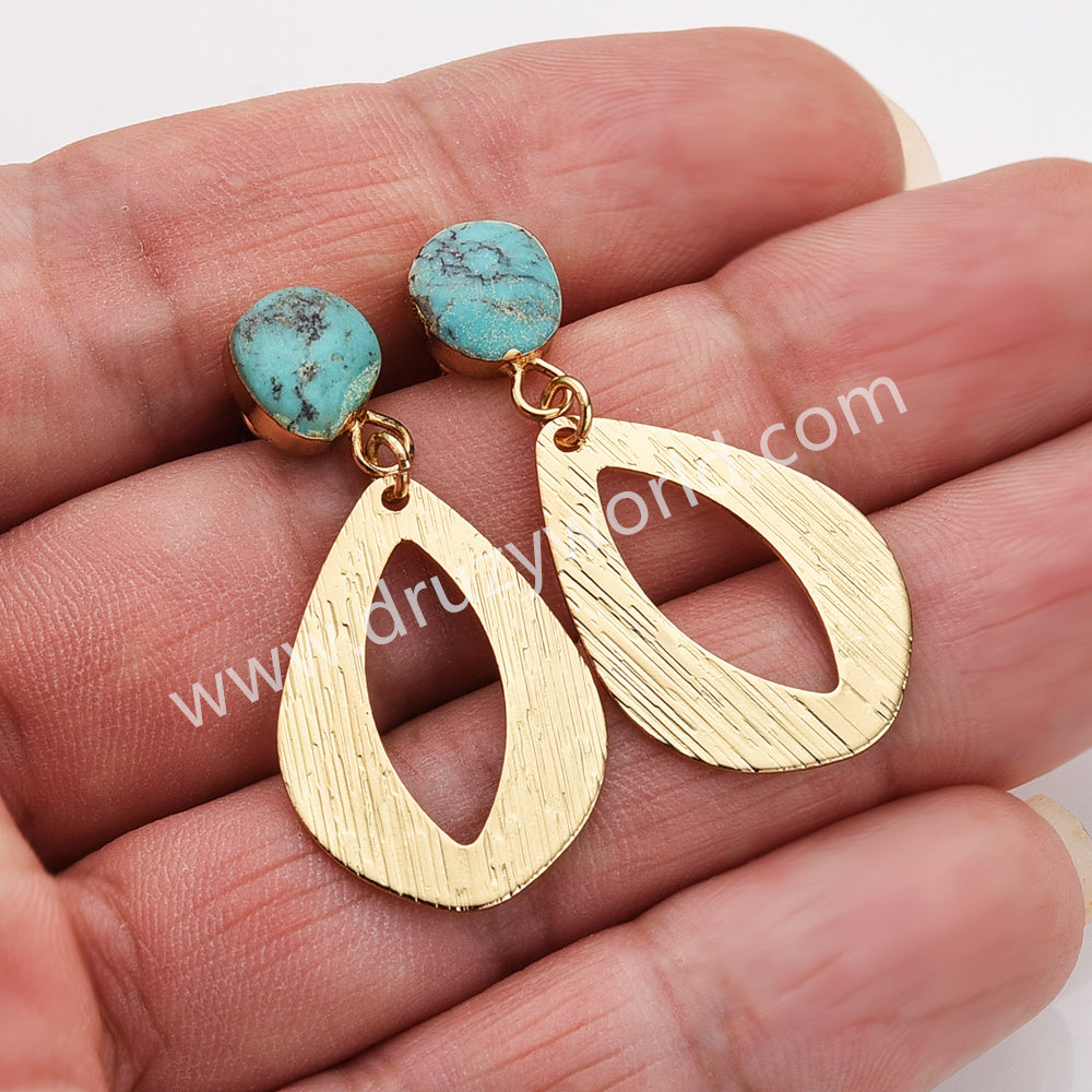 Irregular Natural Turquoise Gold Drop Slice Dangle Earrings, Boho Gemstone Jewelry Earrngs AL954