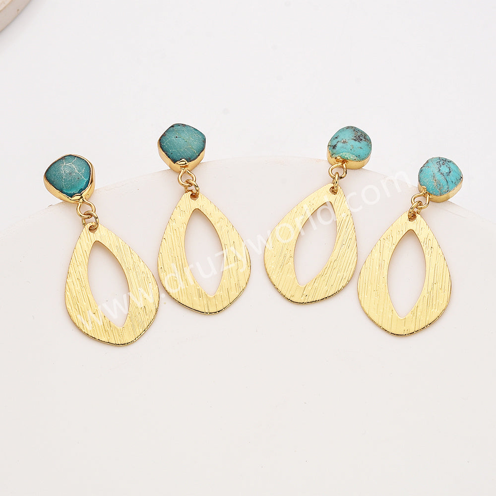 Irregular Natural Turquoise Gold Drop Slice Dangle Earrings, Boho Gemstone Jewelry Earrngs AL954