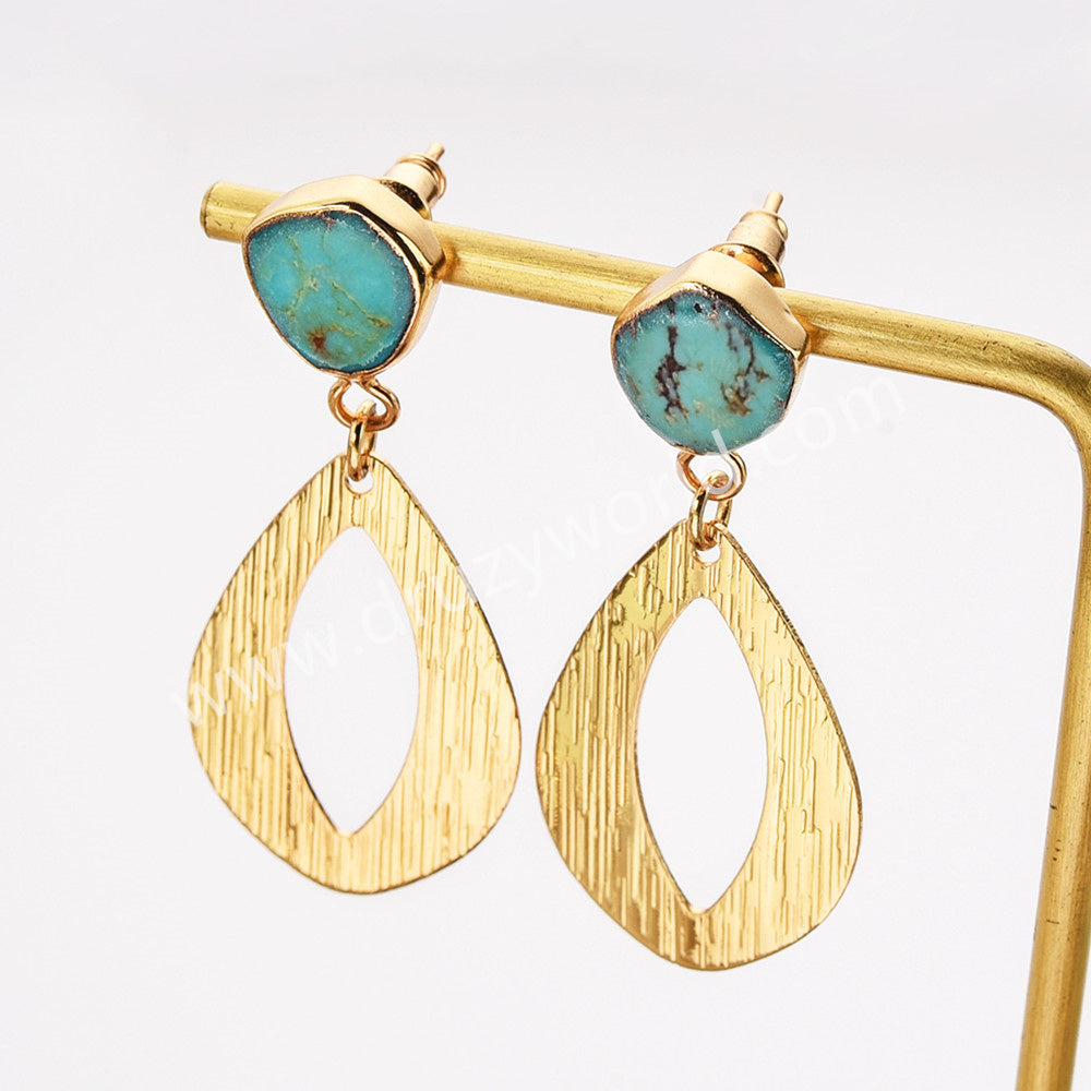 Irregular Natural Turquoise Gold Drop Slice Dangle Earrings, Boho Gemstone Jewelry Earrngs AL954