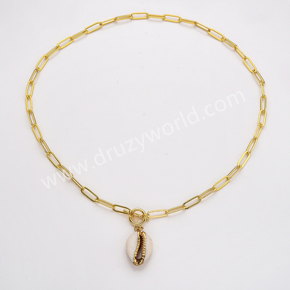 20“ Gold Plated Natural Cowrie Shell Pendant Necklace, Beach Shell Summer Jewelry Necklace AL956