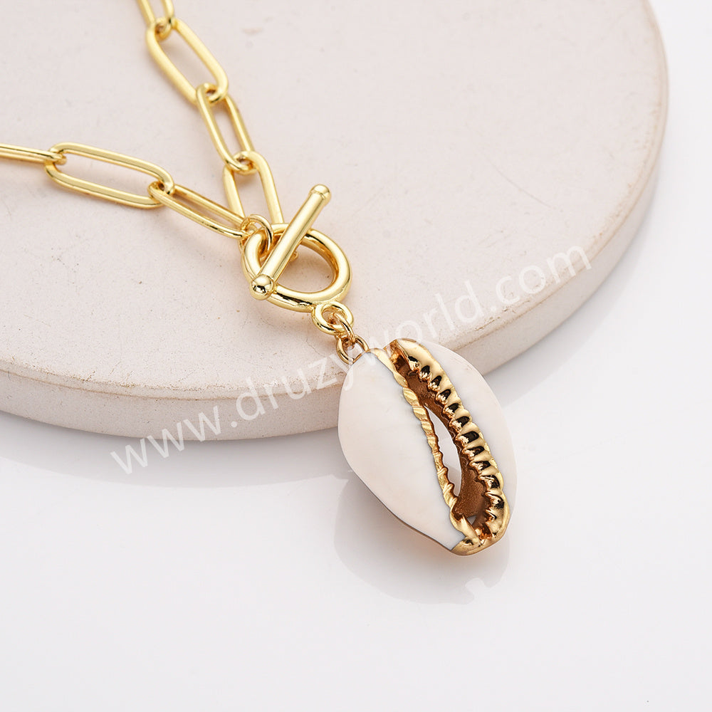 20“ Gold Plated Natural Cowrie Shell Pendant Necklace, Beach Shell Summer Jewelry Necklace AL956