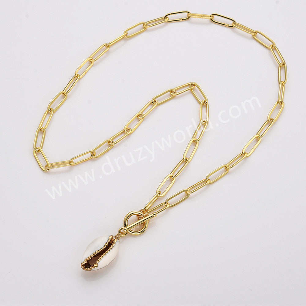 20“ Gold Plated Natural Cowrie Shell Pendant Necklace, Beach Shell Summer Jewelry Necklace AL956