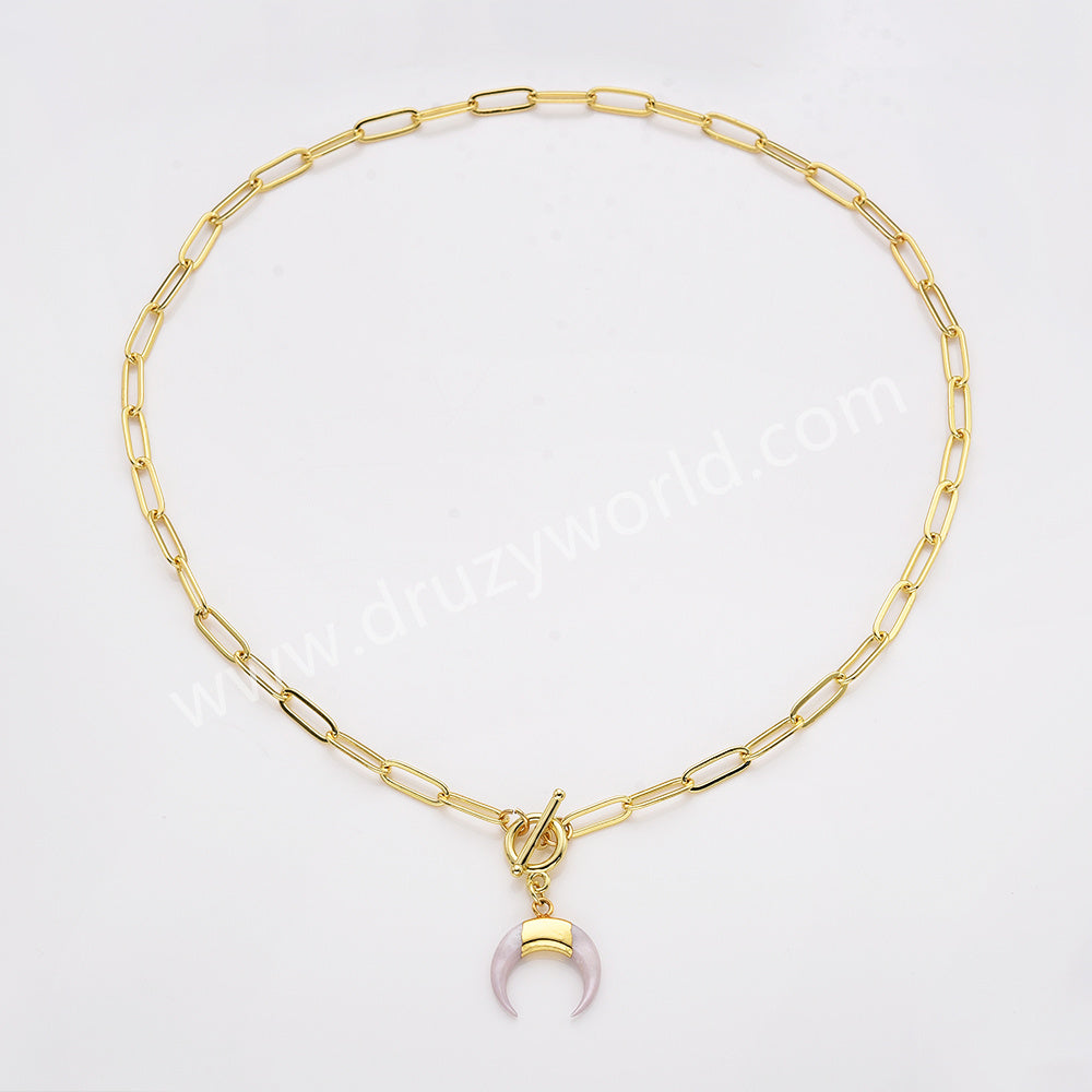 Gold Plated White Shell Horn Necklace, Natural White Crescent Moon Necklace AL957