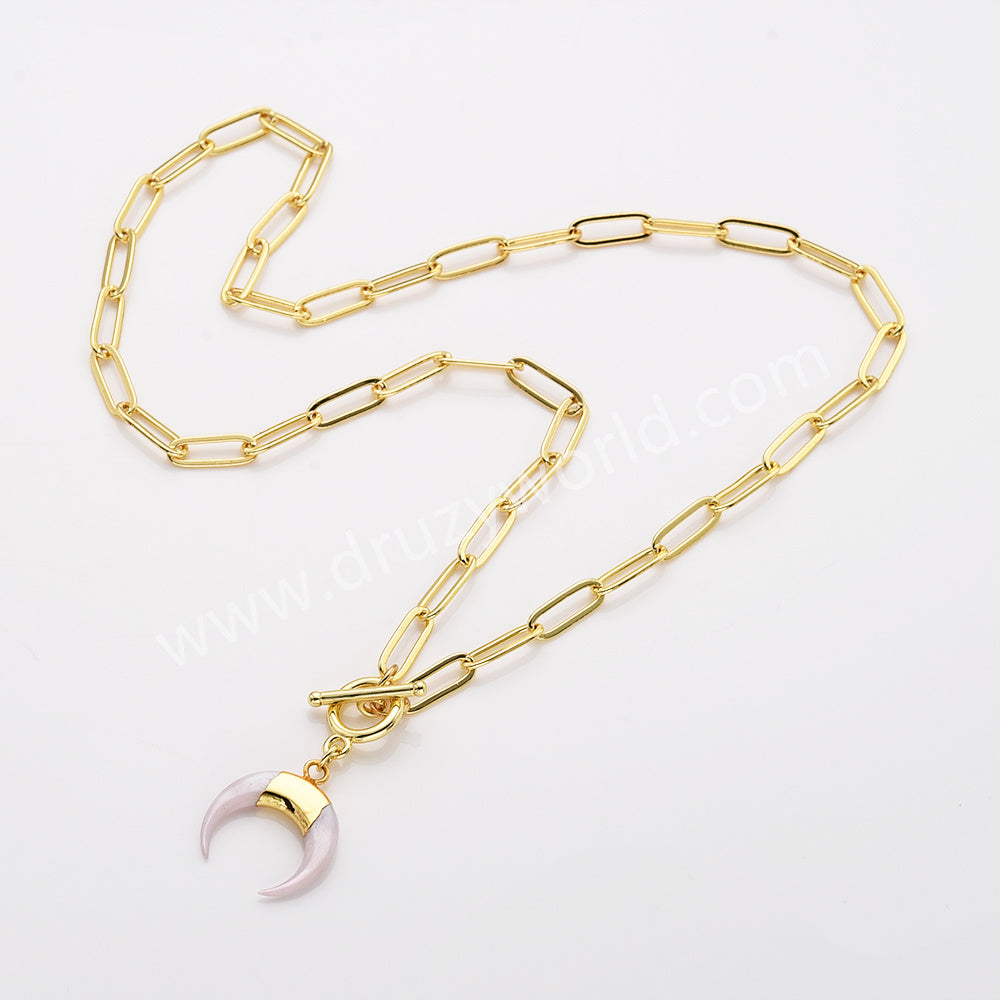 Gold Plated White Shell Horn Necklace, Natural White Crescent Moon Necklace AL957