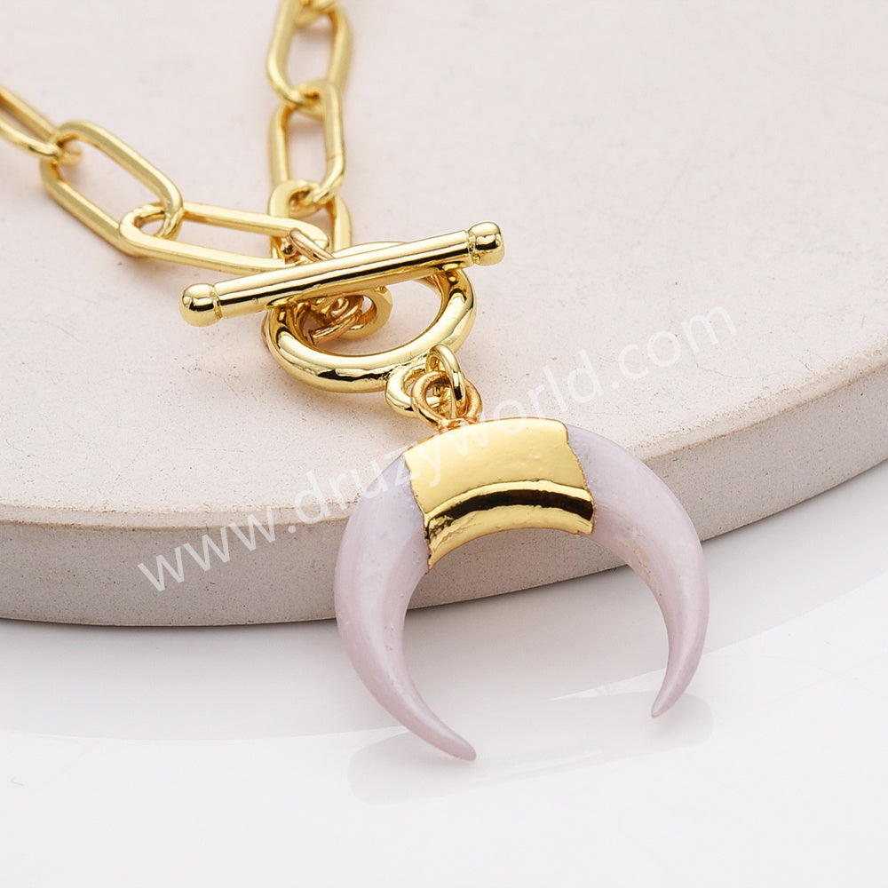 Gold Plated White Shell Horn Necklace, Natural White Crescent Moon Necklace AL957