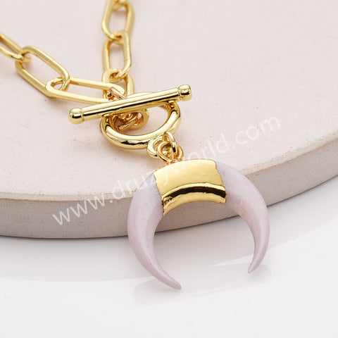 20" Gold Plated White Shell Horn Necklace, Natural White Crescent Moon Necklace AL957