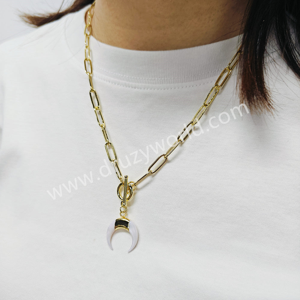 Gold Plated White Shell Horn Necklace, Natural White Crescent Moon Necklace AL957