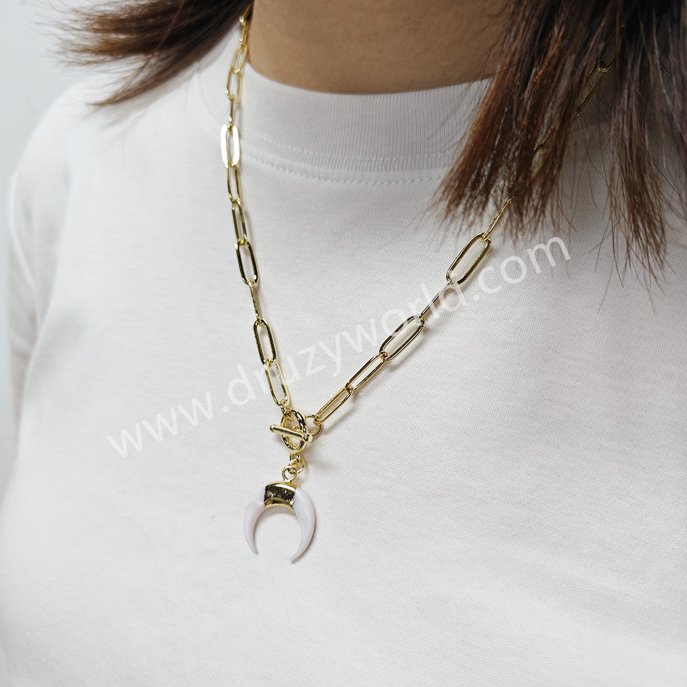 Gold Plated White Shell Horn Necklace, Natural White Crescent Moon Necklace AL957