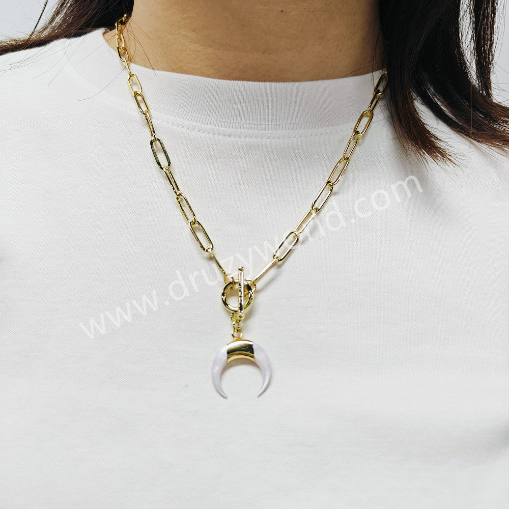 Gold Plated White Shell Horn Necklace, Natural White Crescent Moon Necklace AL957