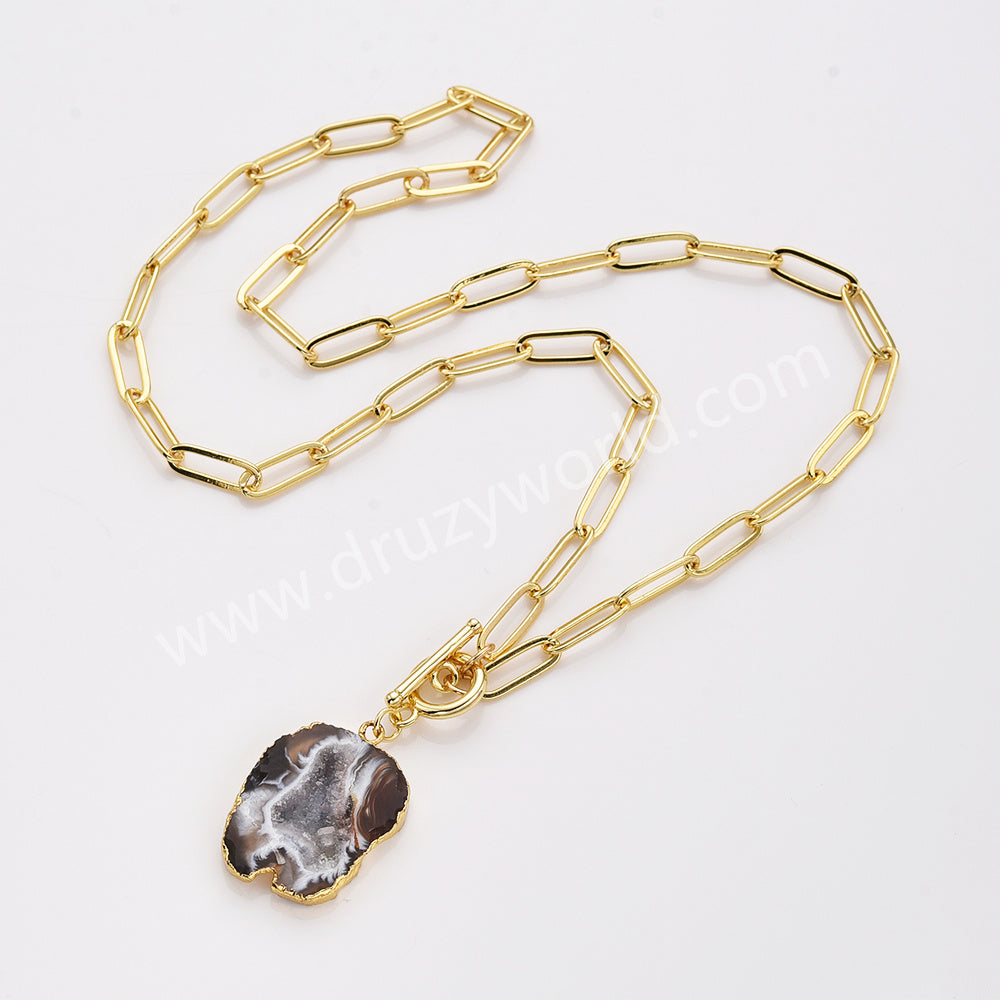 20" Gold Plated Irregular Agate Druzy Slice Pendant Necklace, Natural Drusy Crystal Necklace AL958