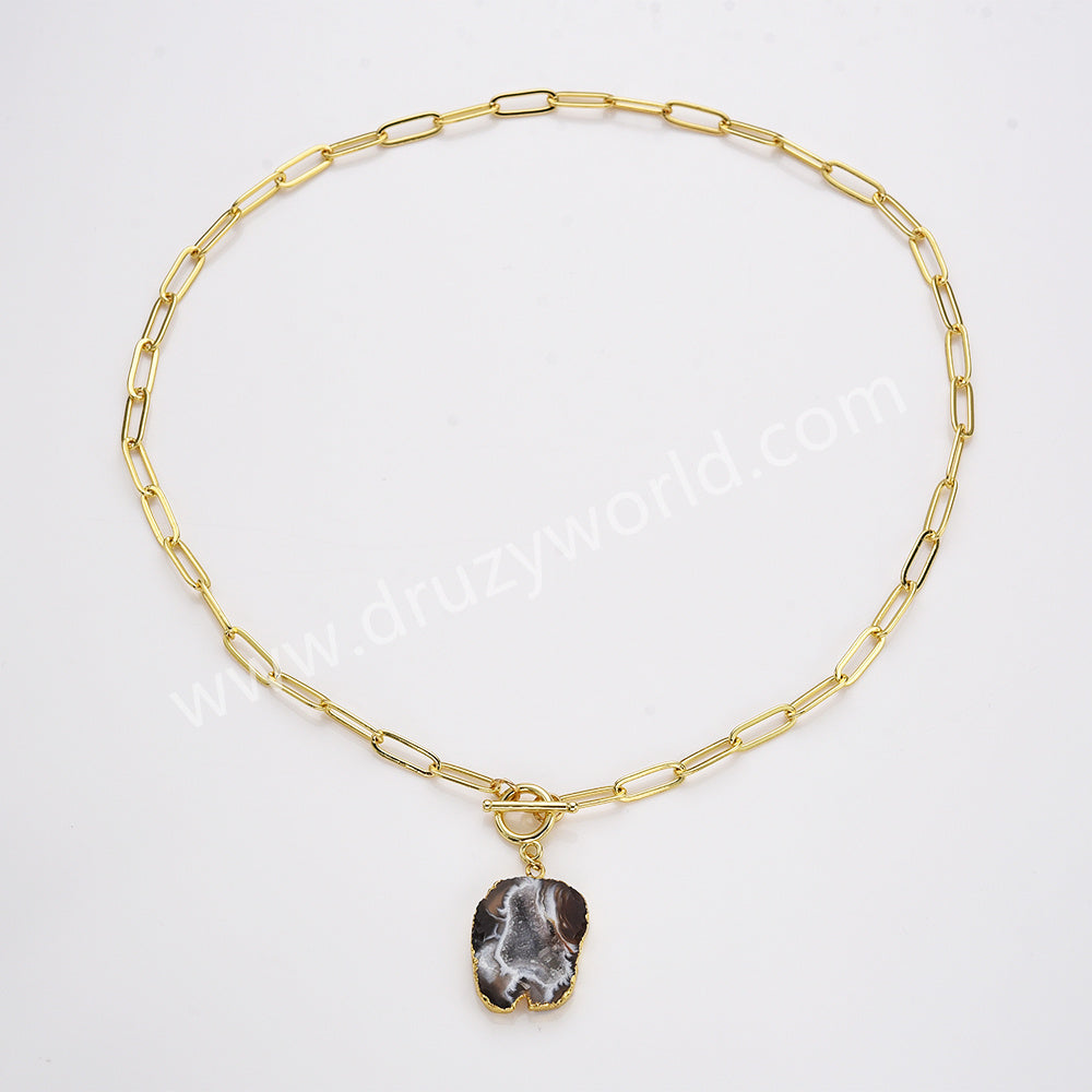 20" Gold Plated Irregular Agate Druzy Slice Pendant Necklace, Natural Drusy Crystal Necklace AL958