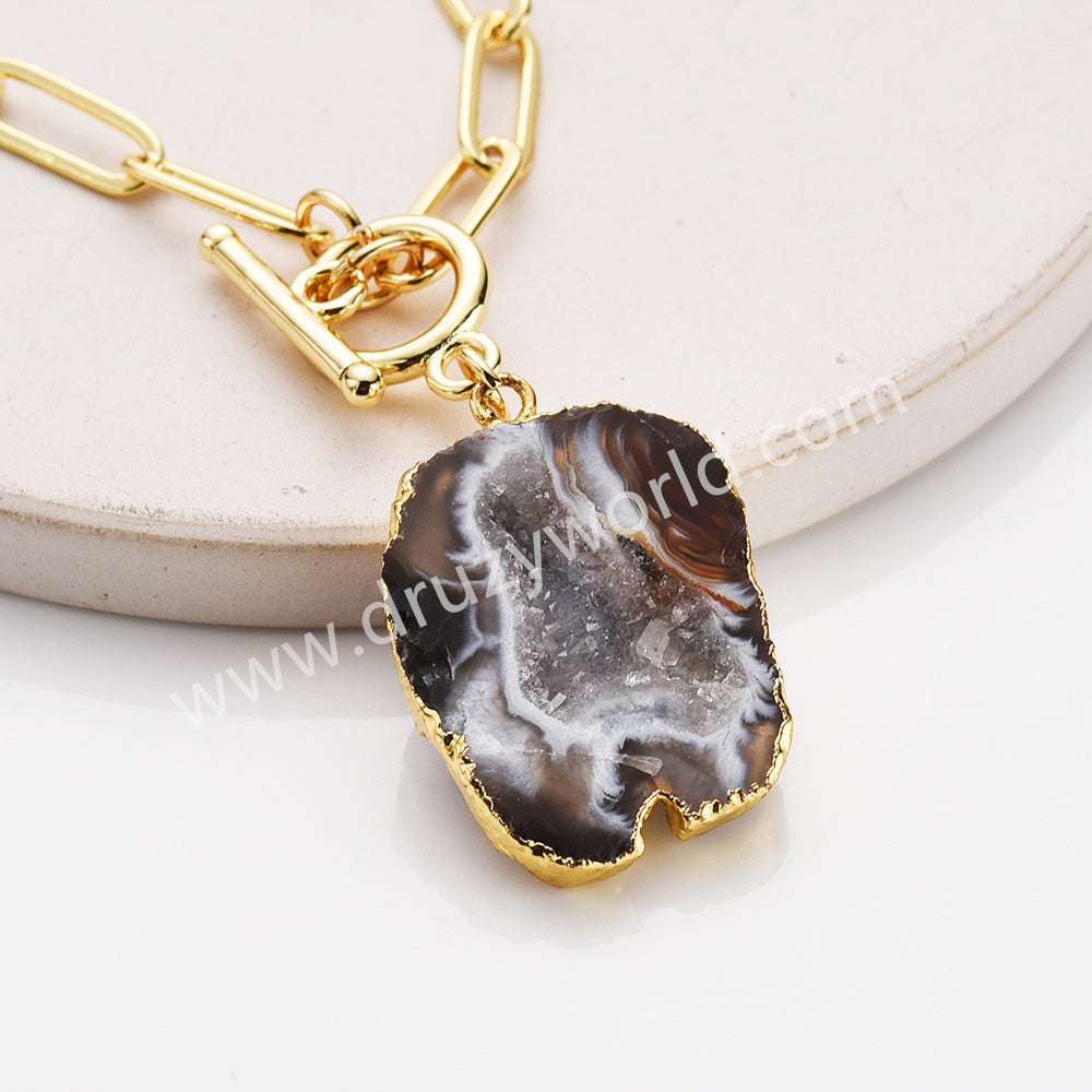 20" Gold Plated Irregular Agate Druzy Slice Pendant Necklace, Natural Drusy Crystal Necklace AL958