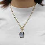 20" Gold Plated Irregular Agate Druzy Slice Pendant Necklace, Natural Drusy Crystal Necklace AL958