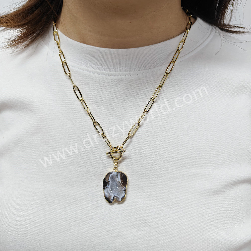 20" Gold Plated Irregular Agate Druzy Slice Pendant Necklace, Natural Drusy Crystal Necklace AL958