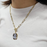 20" Gold Plated Irregular Agate Druzy Slice Pendant Necklace, Natural Drusy Crystal Necklace AL958