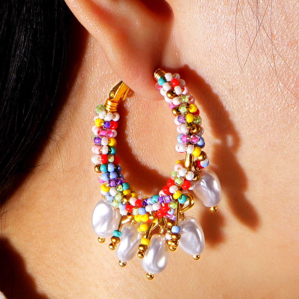 Bohemain Rainbow Miyuki Beads & Pearl Drops Hoop Earrings, Handmade Wire Wrapped Boho Summer Jewelry Earring AL966