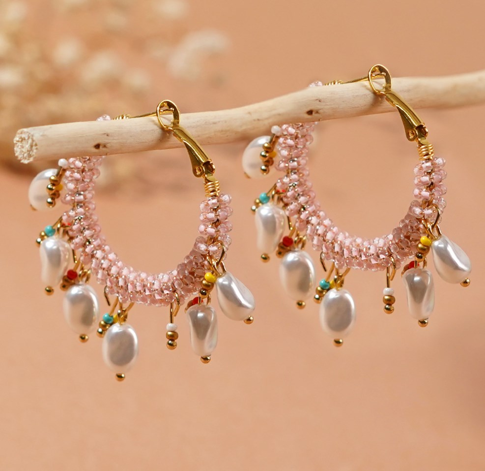 Bohemain Rainbow Miyuki Beads & Pearl Drops Hoop Earrings, Handmade Wire Wrapped Boho Summer Jewelry Earring AL966