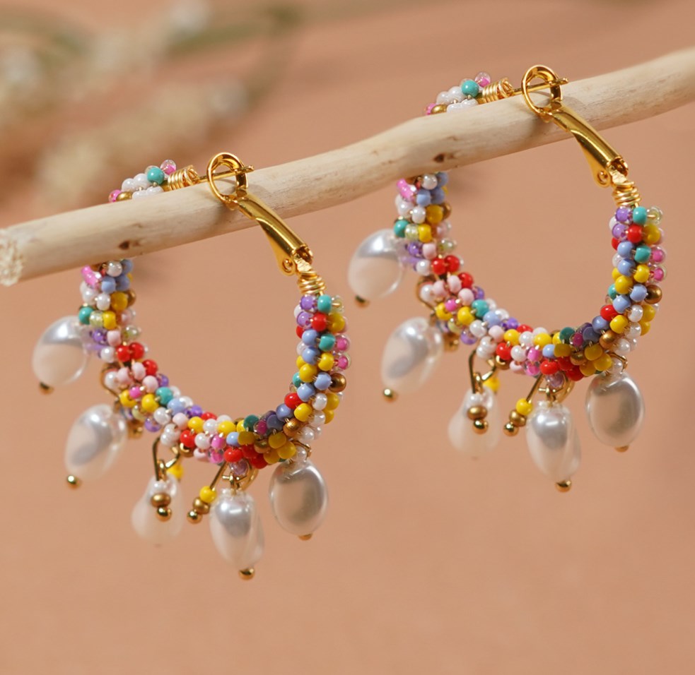 Bohemain Rainbow Miyuki Beads & Pearl Drops Hoop Earrings, Handmade Wire Wrapped Boho Summer Jewelry Earring AL966