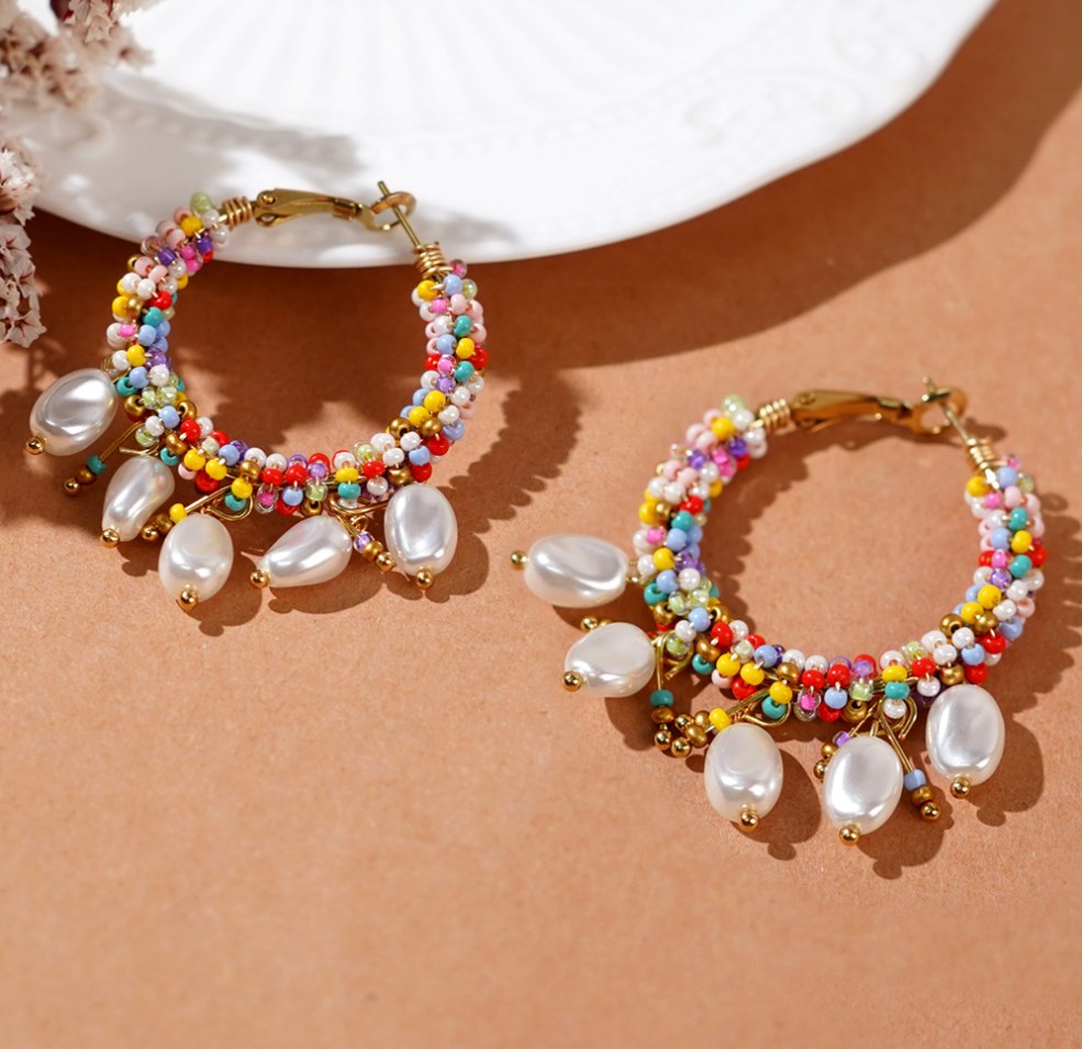 Bohemain Rainbow Miyuki Beads & Pearl Drops Hoop Earrings, Handmade Wire Wrapped Boho Summer Jewelry Earring AL966