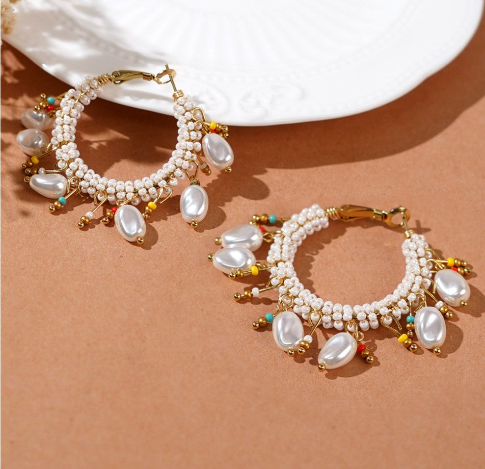 Bohemain Rainbow Miyuki Beads & Pearl Drops Hoop Earrings, Handmade Wire Wrapped Boho Summer Jewelry Earring AL966