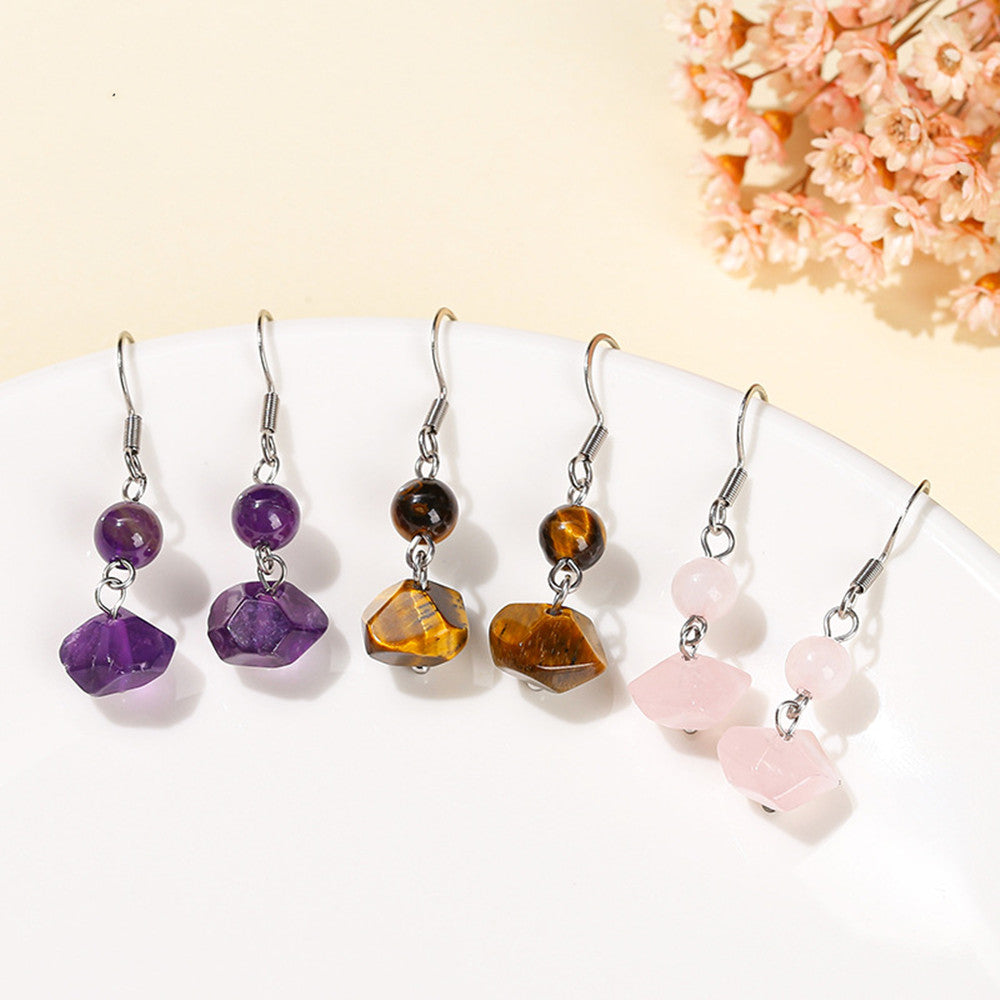 Irregular Amethyst Beads Dangle Earrings, Stainless Steel Ear Hook, Gemstone Jewelry Earring AL969