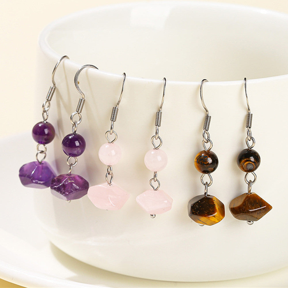 Irregular Amethyst Beads Dangle Earrings, Stainless Steel Ear Hook, Gemstone Jewelry Earring AL969