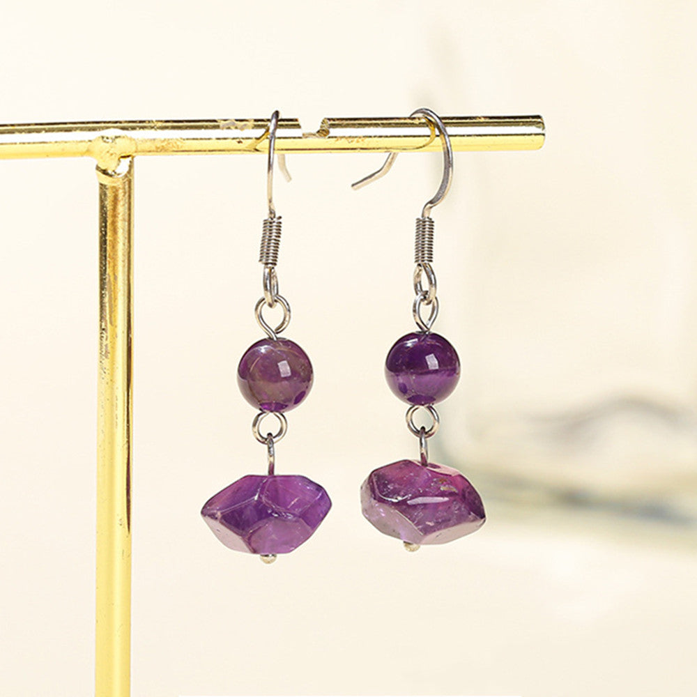 Irregular Amethyst Beads Dangle Earrings, Stainless Steel Ear Hook, Gemstone Jewelry Earring AL969