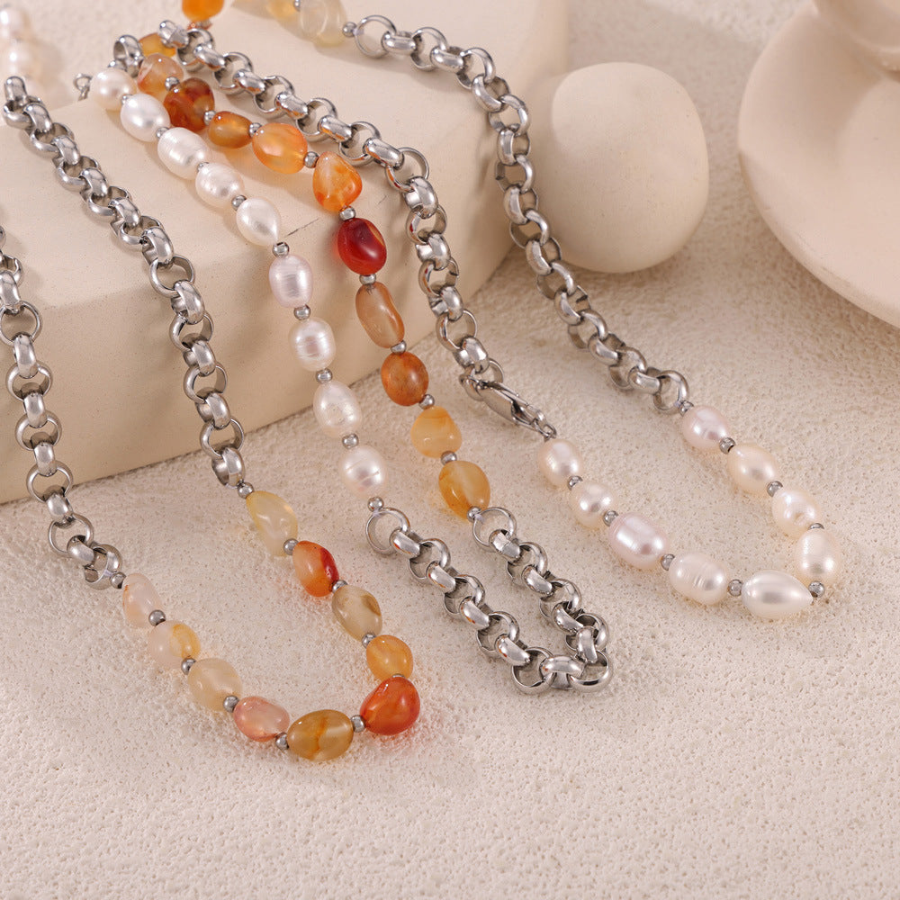 Irregular Red Agate & Freshwater Pearl Natural Stone Beasd Necklace, Titanium Steel Thick Chain Necklace AL971